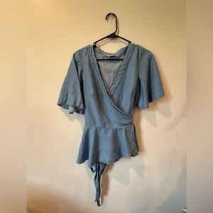 LOFT Gray Flutter Sleeve Wrap Bodysuit
